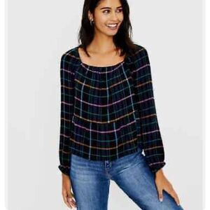 Loft Black Plaid Square Neck Colorful Print Peplum Blouse Career Top S